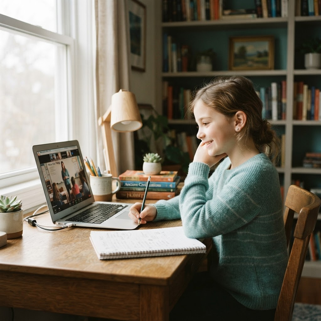A young girl smiling during an online learning assessment session at home